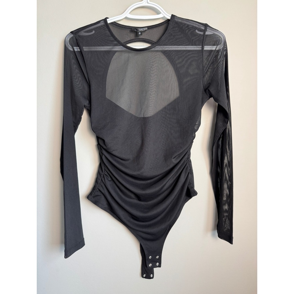Dynamite Black Mesh Long Sleeve Ruched Cutout Bodysuit Goth Edgy Grunge Medium
